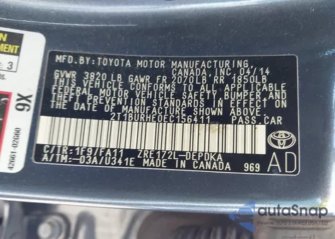 2014 Toyota Corolla L from USA, damaged, VIN 2T1BURHE0EC156411